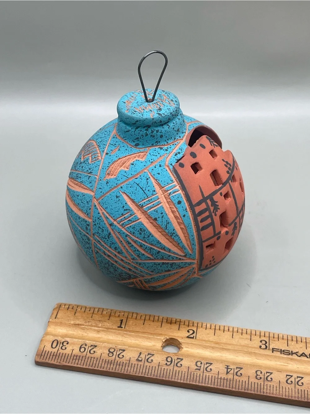 VTG Signed Pueblo Mexican Terracotta Clay Village 3” Ornament Turquoise Color
